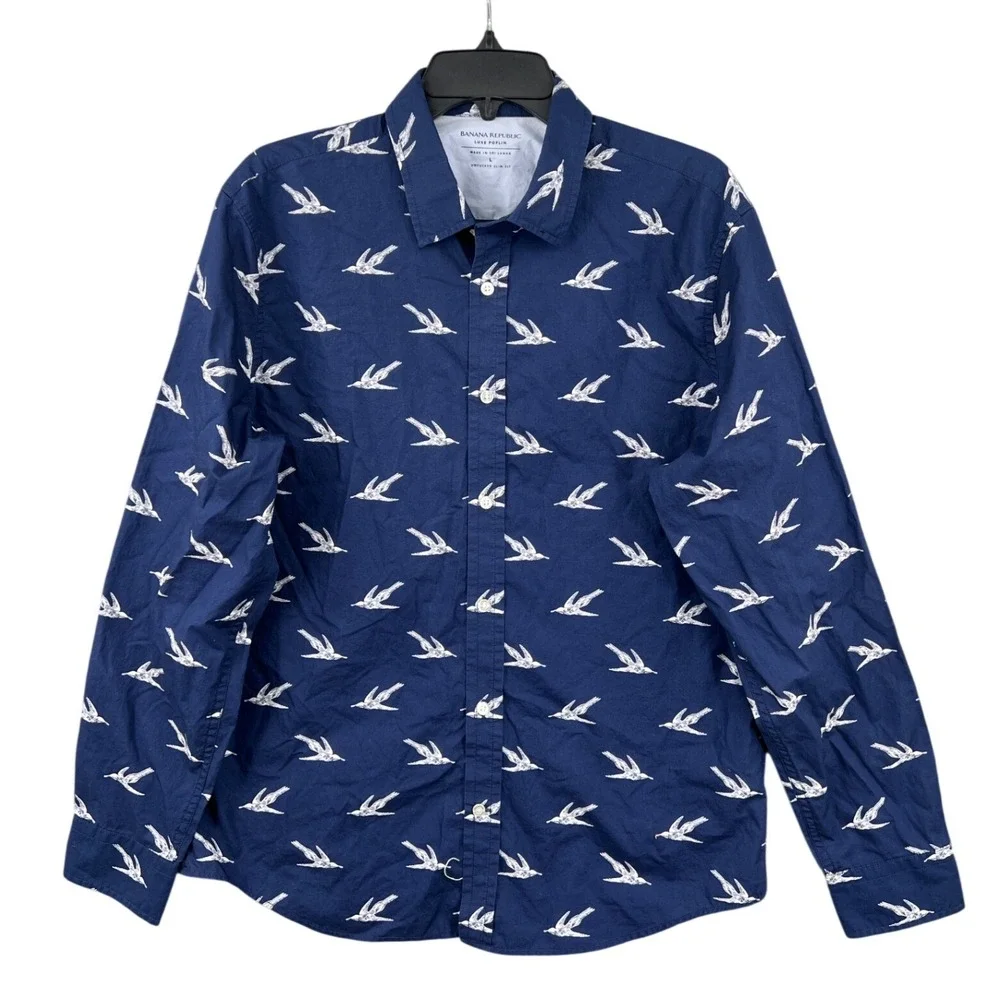 Banana Republic Shirt Mens L Navy Blue Bird Print‎ Luxe Poplin Untucked Slim Fit